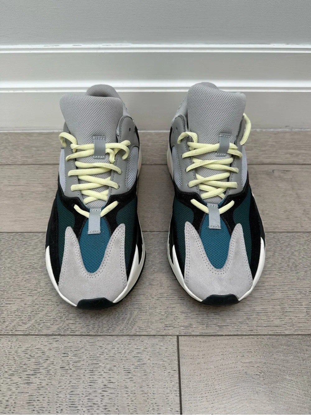 Adidas Yeezy Men’s Grey, Teal & Black Sneakers with Neon Orange Accents
